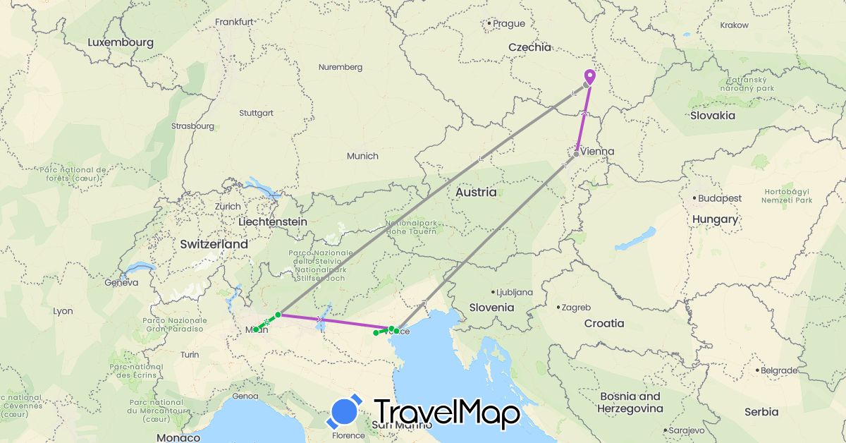 TravelMap itinerary: driving, bus, plane, train in Austria, Czech Republic, Italy (Europe)